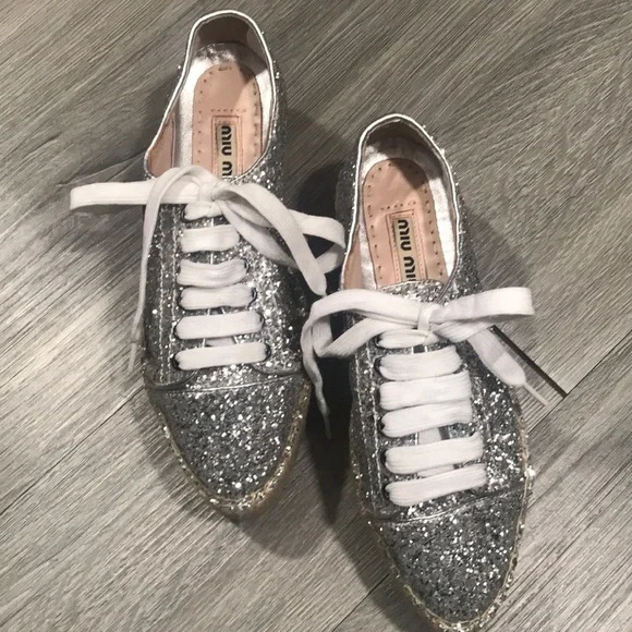 Miu Miu Silver Glitter Metallic Espadrille Sneakerssize 6